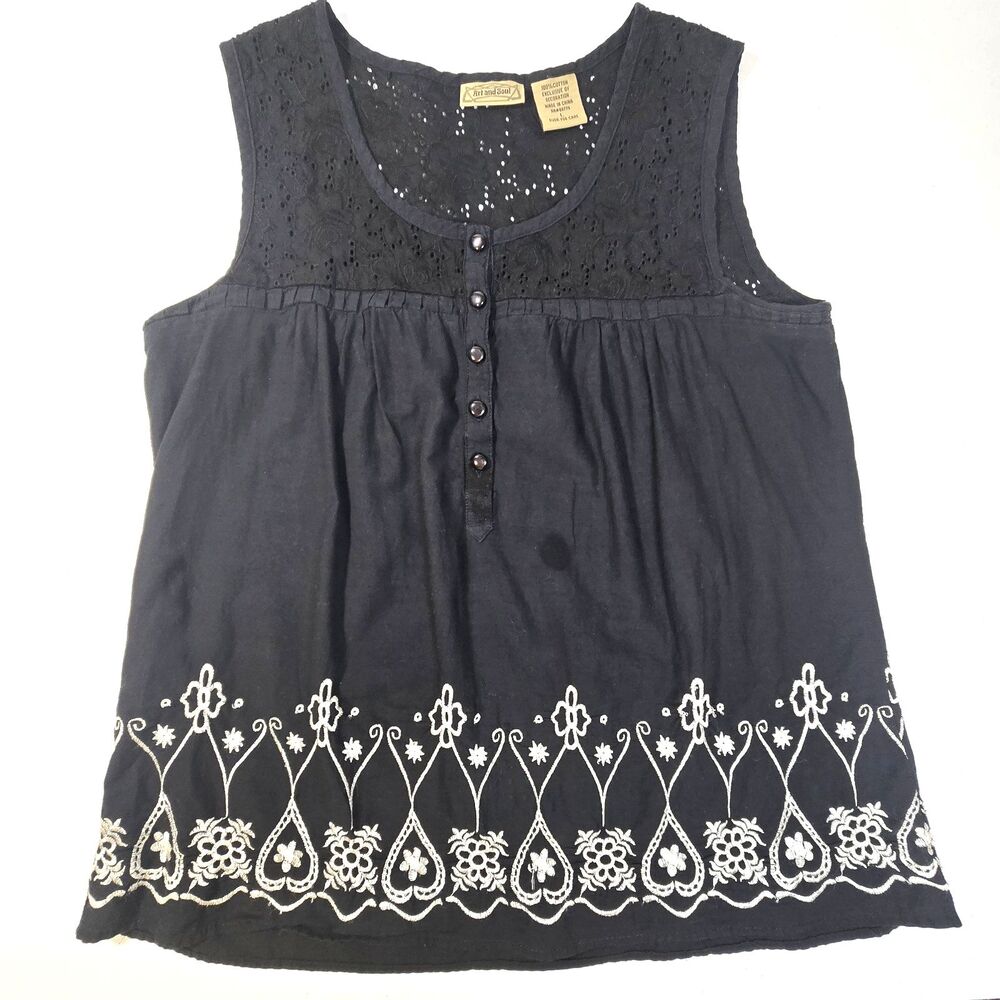 Art and Soul 100% Cotton Sleeveless Embroidered Boho Top SZ L Black/White